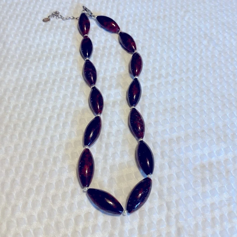 Red Brown Stone Oval Bead with small Pearl Spacers Necklace 925 Sterling
